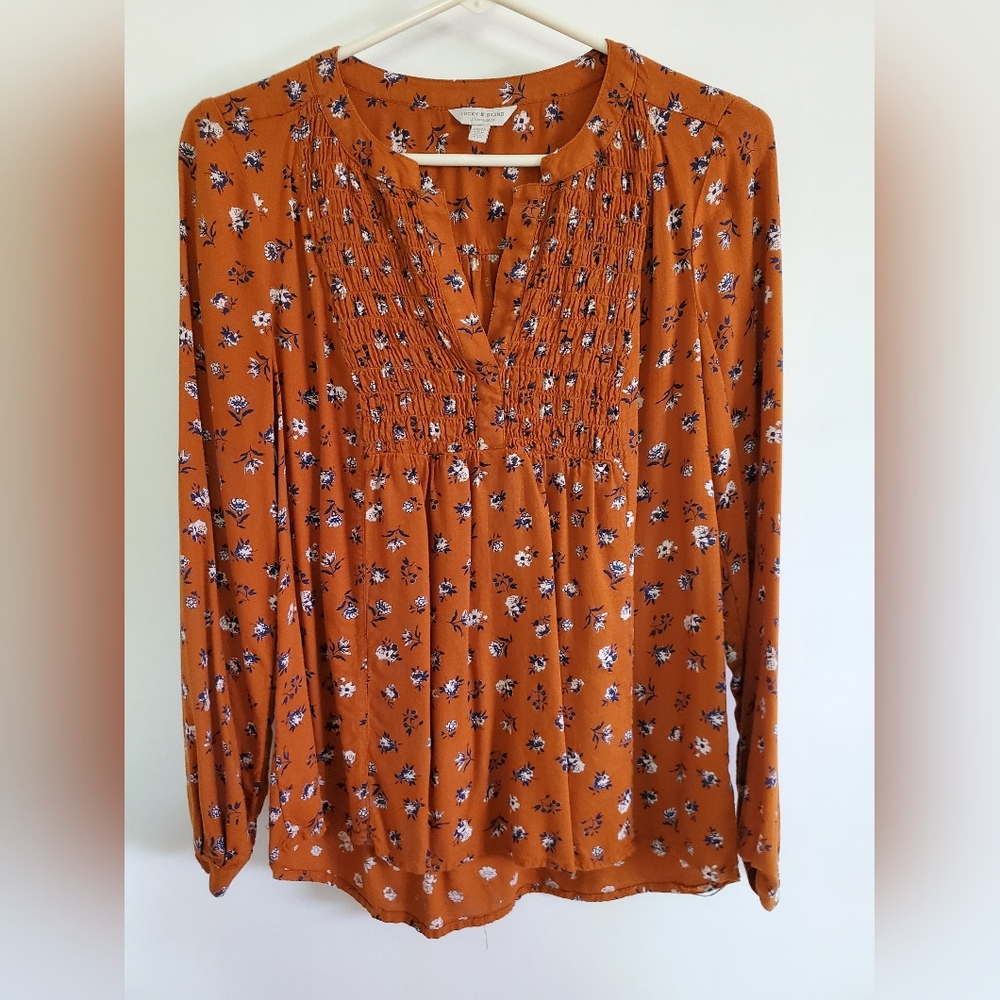 Lucky Brand Burnt Orange Smocked Long Sleeve Blouse